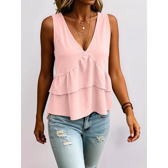 Women V Neck Ruffle Hem Tank Top Sleeveless Flowy Peplum Blouse Casual Pink XXL