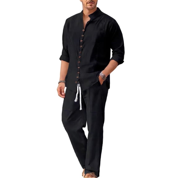 Makaor Linen Sets for Men 2 Piece Summer Loose Lounge Set Big and Tall Beach Outfits with Pockets Sets Long Sleeve Button down Shirts Drawstring Long Long Pants Casual Vacation Clothes