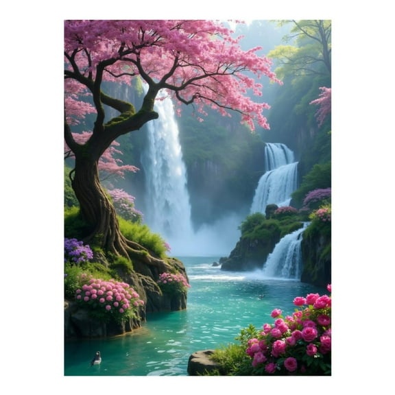 Diamond Art Kit for Adults, Cherry Blossom Waterfall Serenity Diamond Painting for Adults Beginners, 5D DIY Diamond Art Painting Kits, Colorful Diamond Painting Craft for Home Decor 12x16