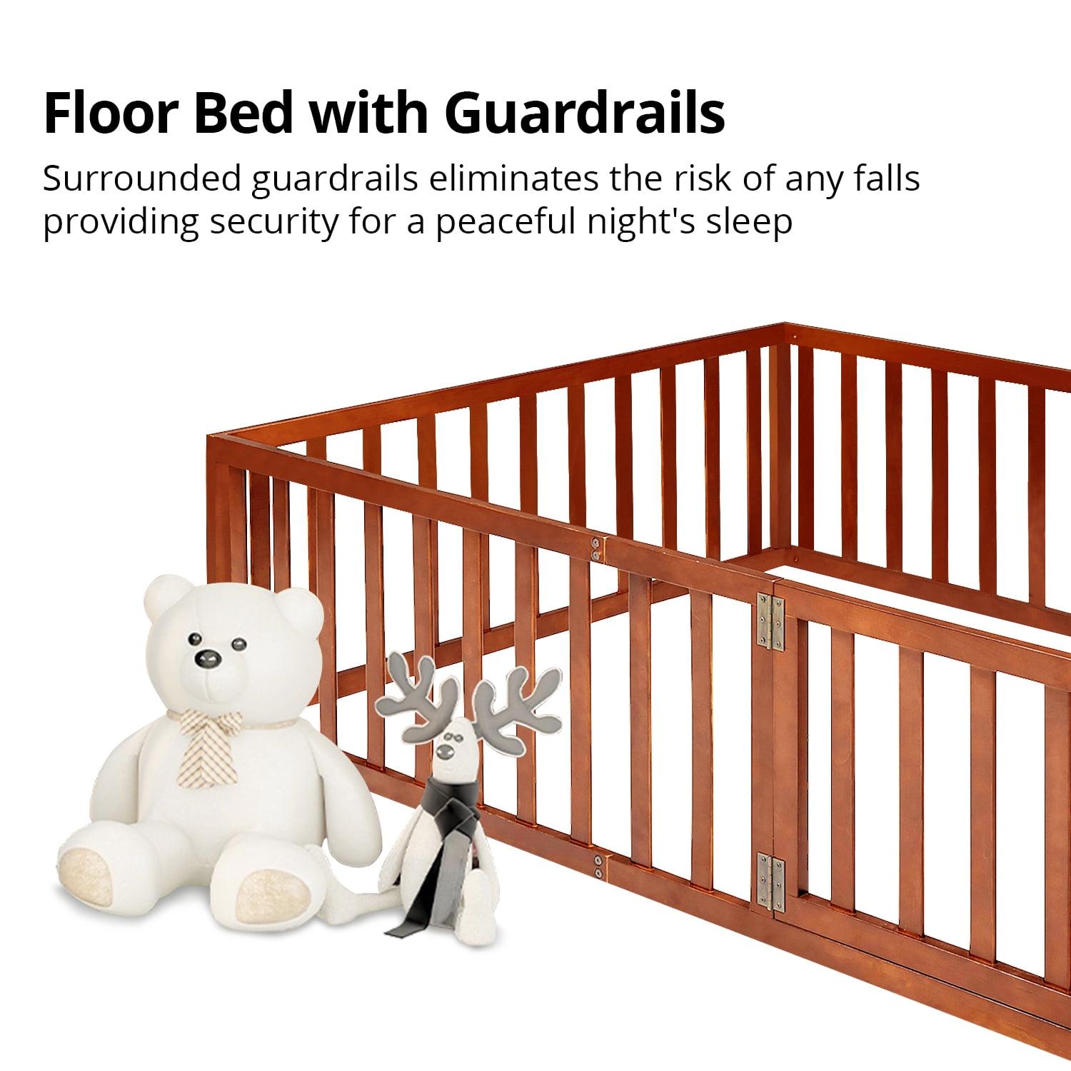 Queen Size Floor Bed with Fence and Door Platform Bed Frame with Safety Guardrails and Wood Slats Montessori Floor Bed for Girls and Boys, Walnut