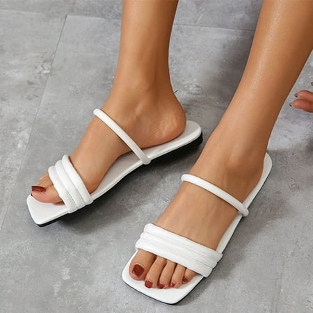

absuyy Flat Sandals for Women- Open Toe Beach Sandals Square Toe Casual Summer Slide Sandals #923 White