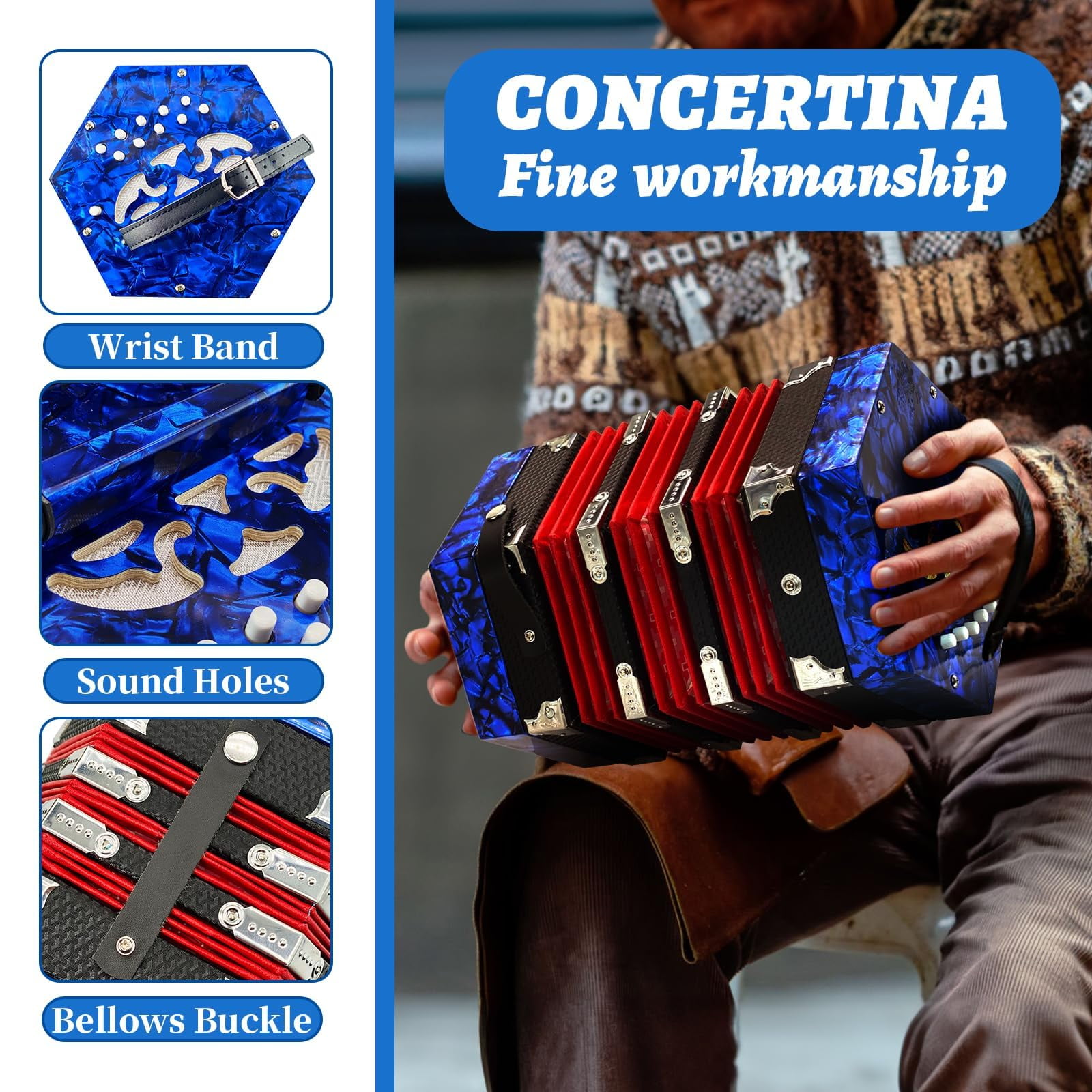 Concertinas,20-Key Accordion for Adults, Professional Accordion for Beginners, Adjustable Hand Straps, Instrument Accessories (Blue)