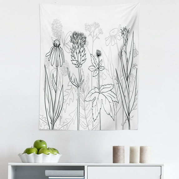 Thistle Tapestry, Botanical and Herbs Pattern as Silhouette Wildflowers Print, Fabric Wall Hanging Decor for Bedroom Living Room Dorm, 5 Sizes, Pale Grey White, by Ambesonne