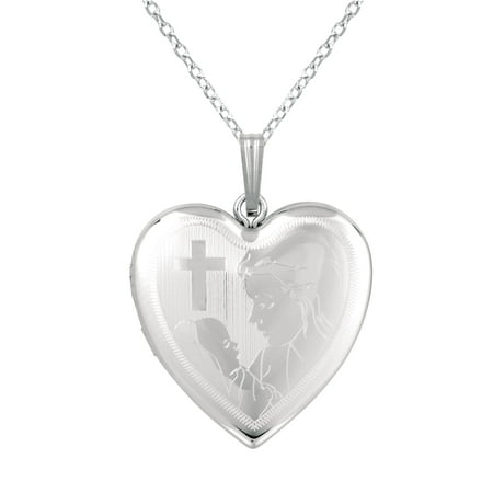Sterling Silver SS and Heart-Shaped with Cross and Mother and Baby Locket