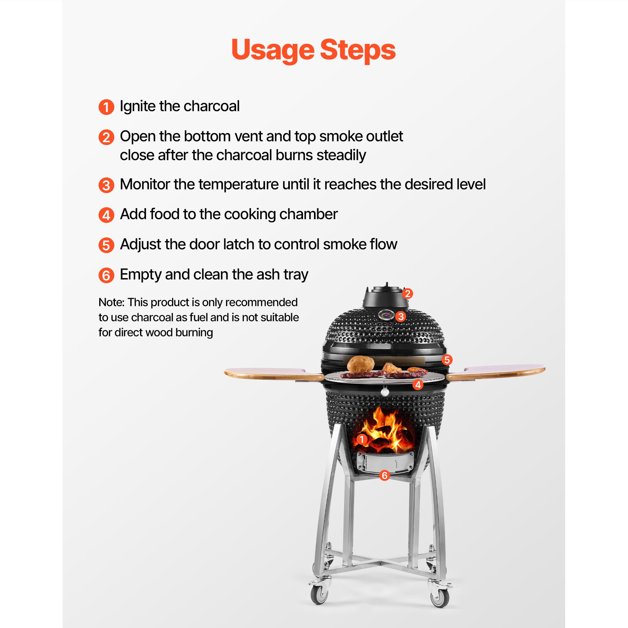 KFFKFF 18" Charcoal BBQ Smoker and Grill, Portable Ceramic Barbecue with Wheels, Built-in Thermometer, and Side Shelves for Outdoor Cooking