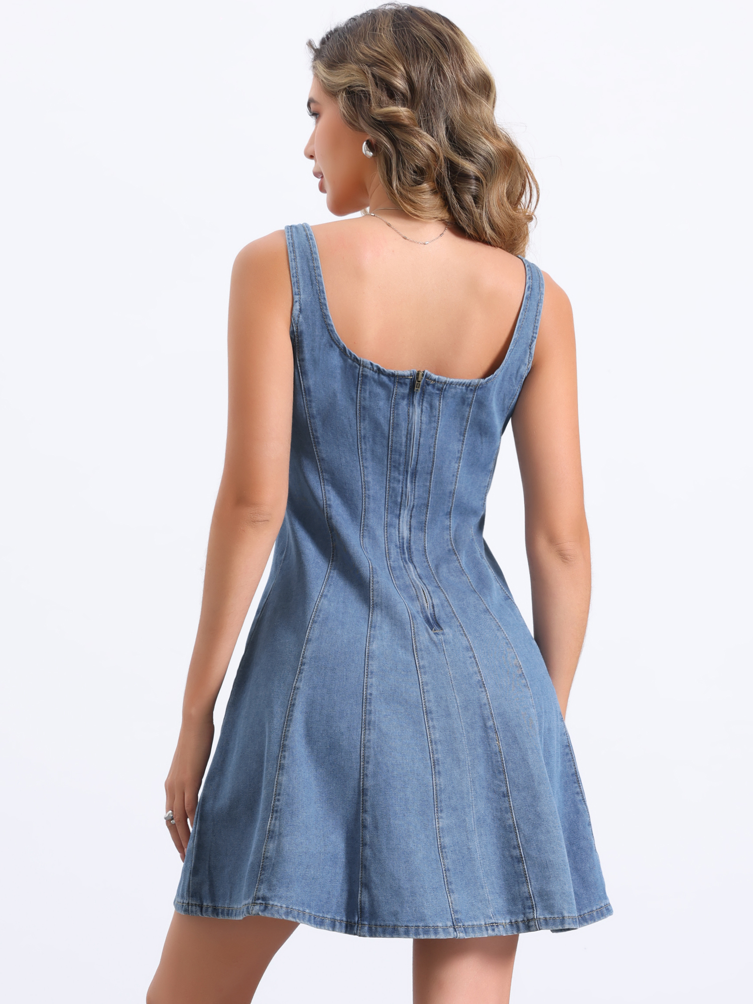 DARING DIVA Stylish Denim Casual Tank Square Neck Mini Dress M Light Blue