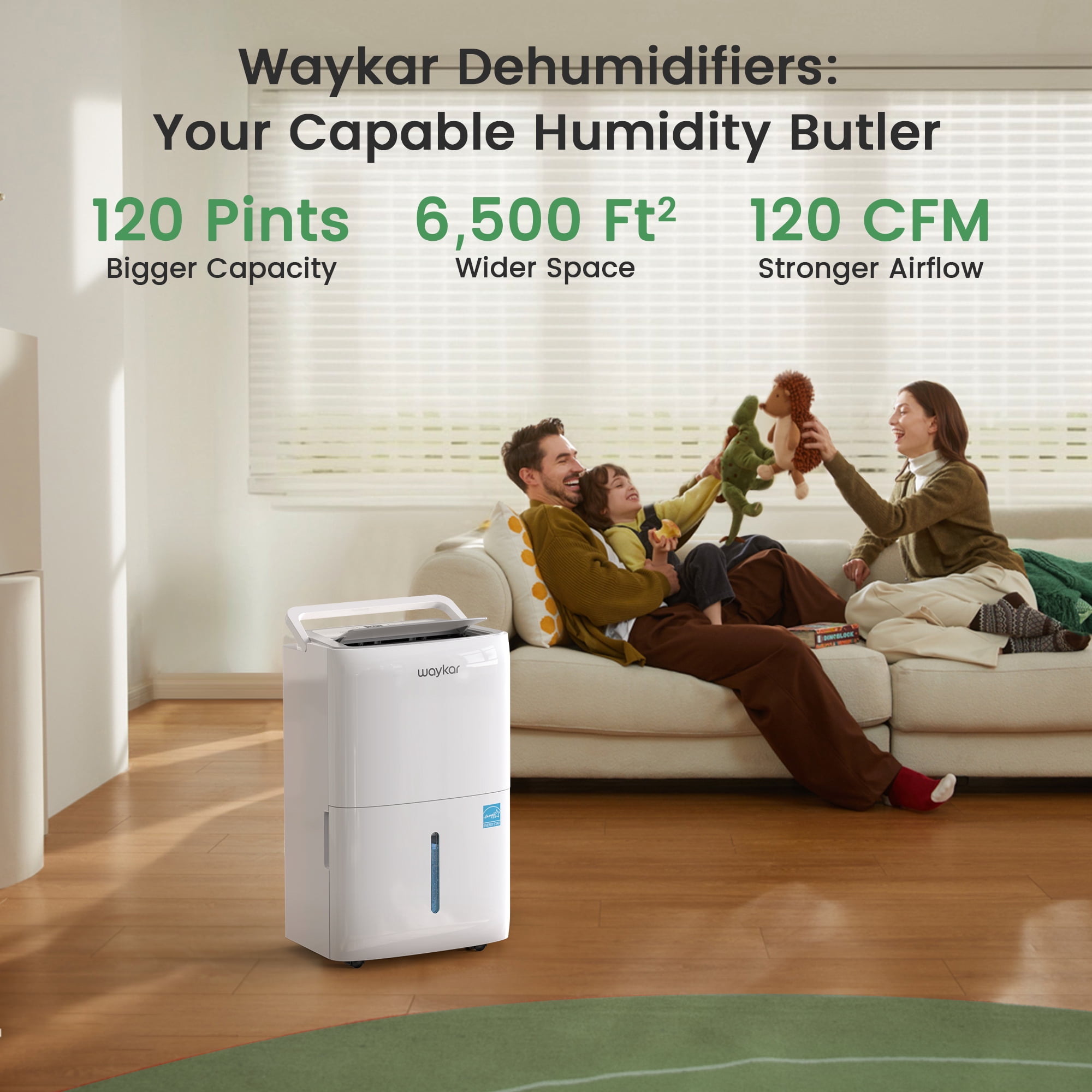Waykar 120 Pint Dehumidifiers for Basements & Whole Home up to 6000 Sq Ft, with Continuous Drain Hose,  45dB Ultra Quiet, Auto Defrost, 32 Pint DOE Energy Star