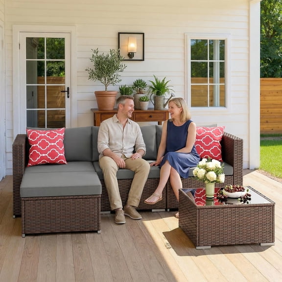 Jolifa 5 Piece Outdoor Patio Furniture Set, Wicker Sectional Sofa with Glass Table & Cushions, All-Weather Conversation Set for Patio, Backyard, Balcony, Gray