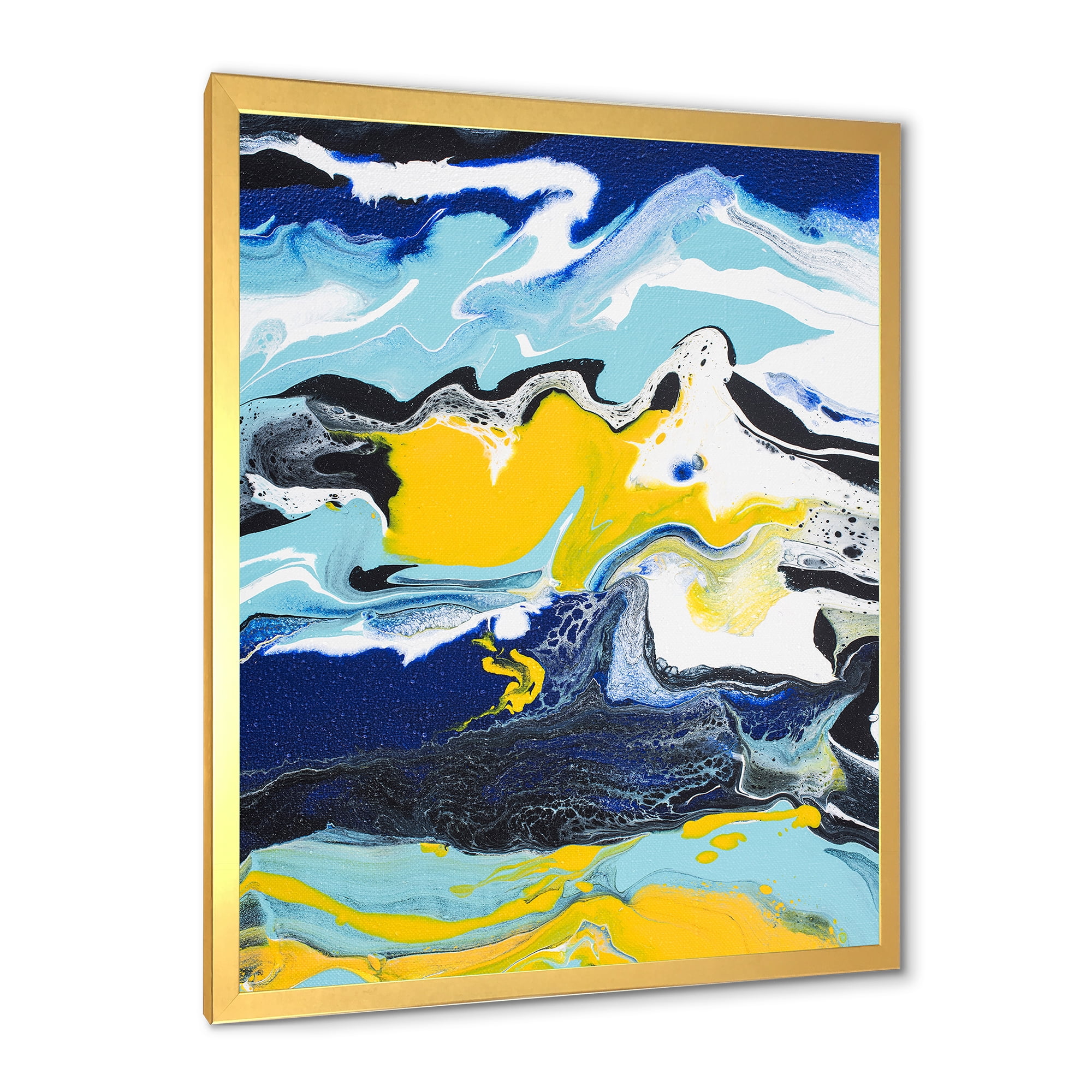 Designart 'Abstract Marble Composition In Blue and Yellow II' Modern Framed Art Print