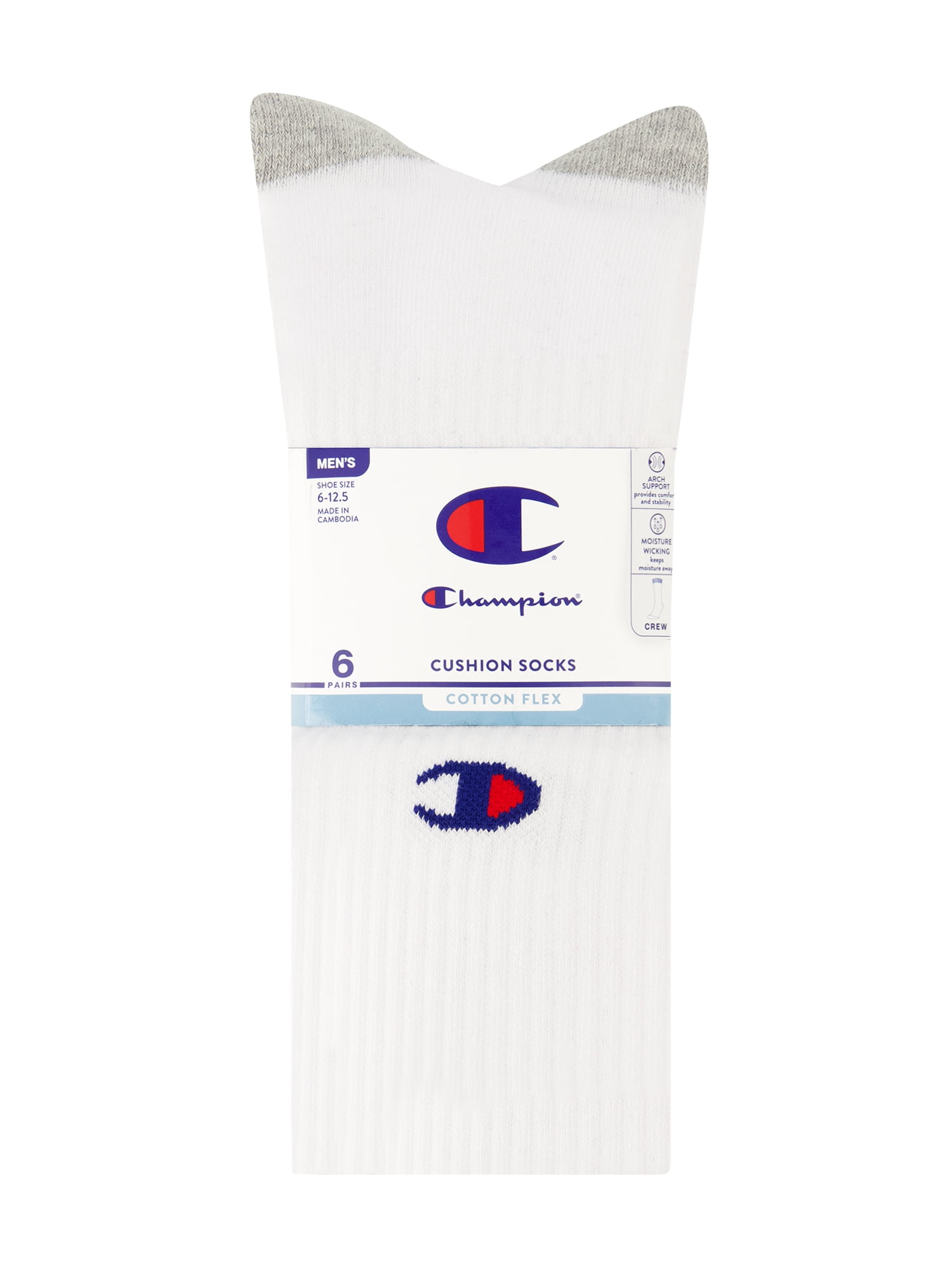 Champion Men’s Crew Socks 6 Pack – Half Terry Cushion, Moisture-Wicking, Arch Support, Stretch Comfort, Sizes 6–12.5