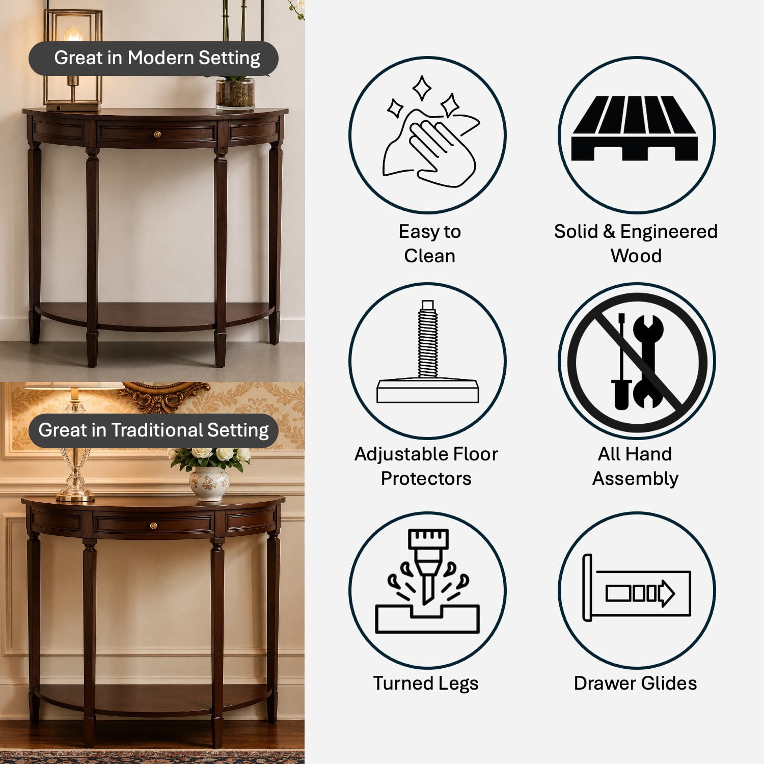 Decor Therapy Truro Half Round Console Table, Traditional Entryway Table with Drawer and Lower Shelf, Classic Hall or Sofa Table for Foyer, Living Room, Walnut