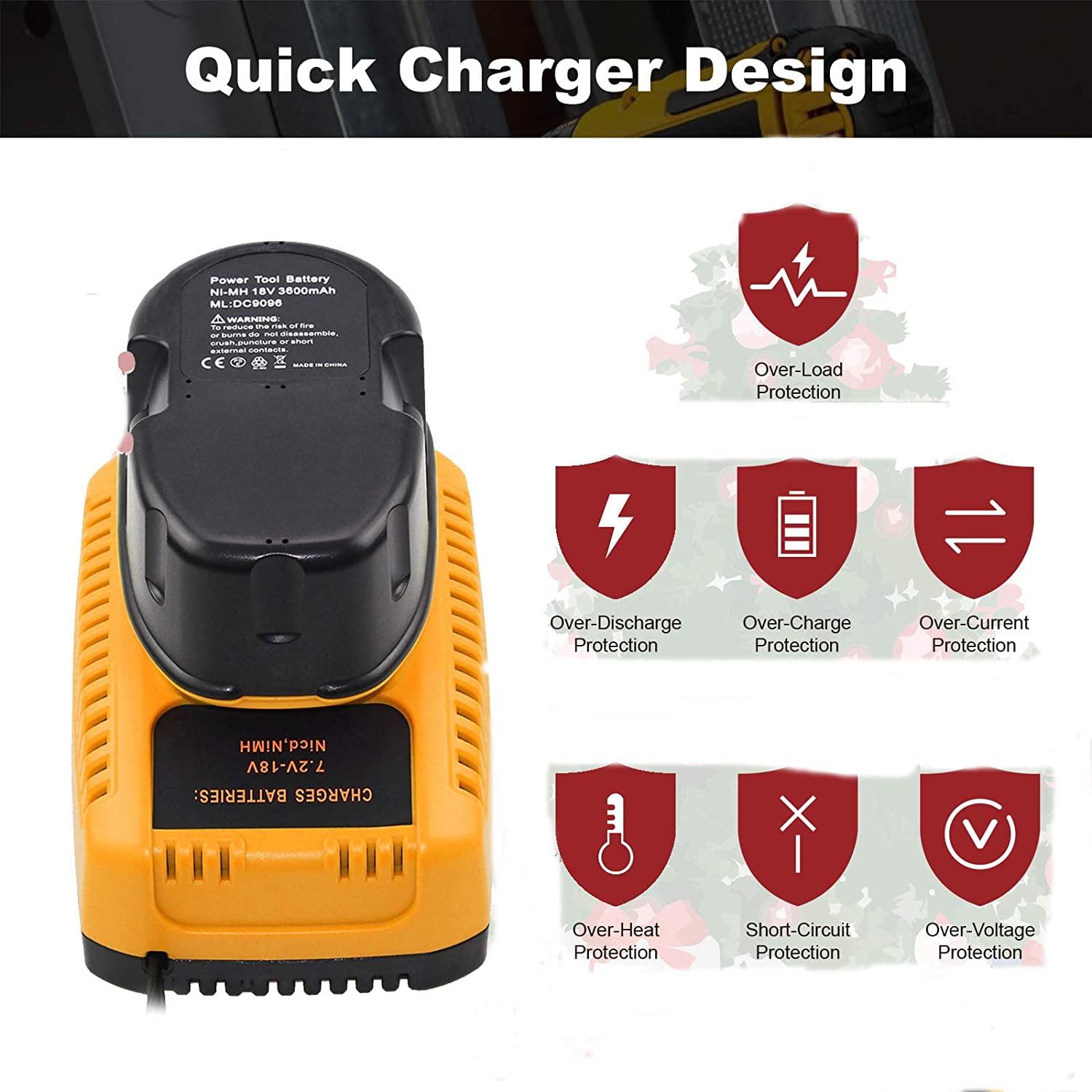 DC9310 Fast Charger Replacement for Dewalt 18V Battery Charger Compatible with DeWalt 7.2V-18V NiCad/NiMh Batteries DW9116 DC9096 DC9098 DC9099 DW9098 DW9099 DW9096 DW9072 DW9061