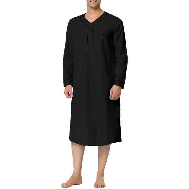 INSPIRE CHIC Men's Sleepshirts Henley Collar Solid Color Chest Pocket Long Sleeve Cotton Nightshirt L Black
