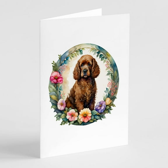Irish Water Spaniel and Flowers Greeting Cards and Envelopes Pack of 8 7 in x 5 in