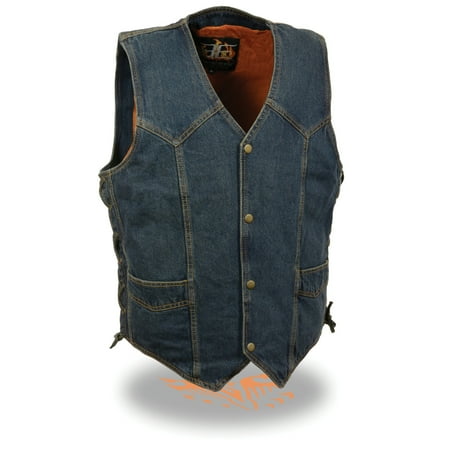 Classic Cowhide Vest - Mens Classic Denim Snap Front Side Lace Vest