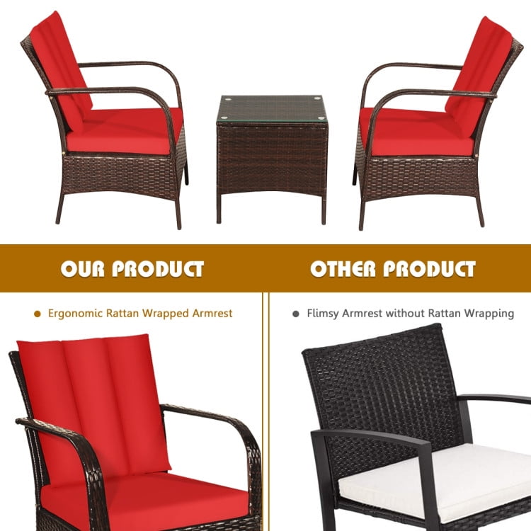Aimee Lii 3 Pcs Patio Conversation Rattan Furniture Set, Small Patio Set with Glass Top Coffee Table and Cushions, Red