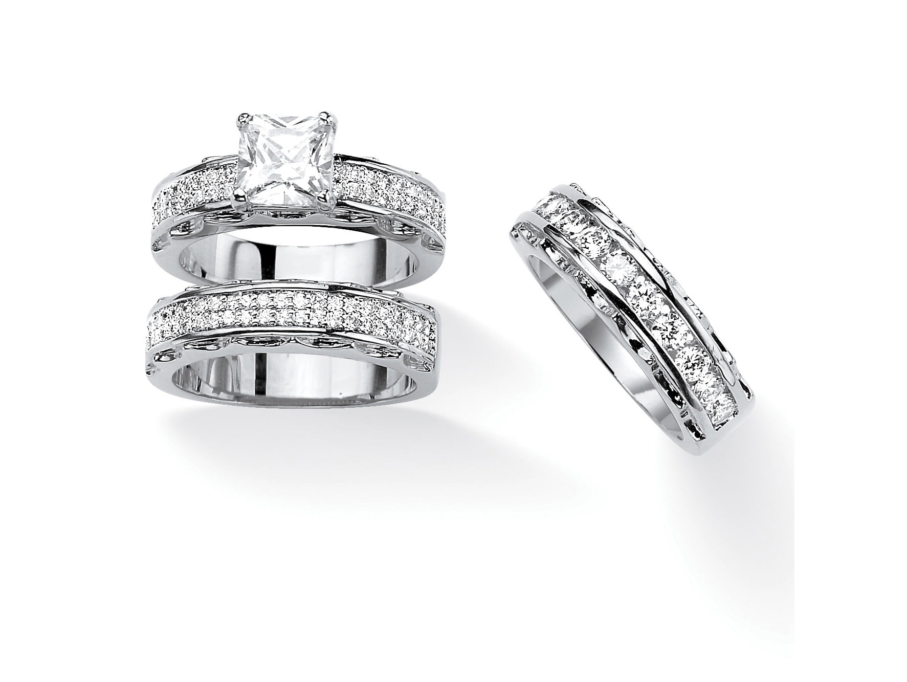 TVS-JEWELS White Gold Plated Round Cut Cubic Zirconia His & Her 3-pcs Anniversary Ring with Band Set