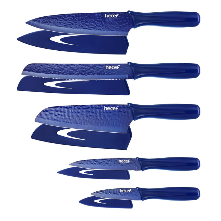 Hecef 10-Piece Kitchen Knife Set with Sheaths, Galaxy Blue Sharp Essential  Chef Cooking Knives, Hammered Blade 