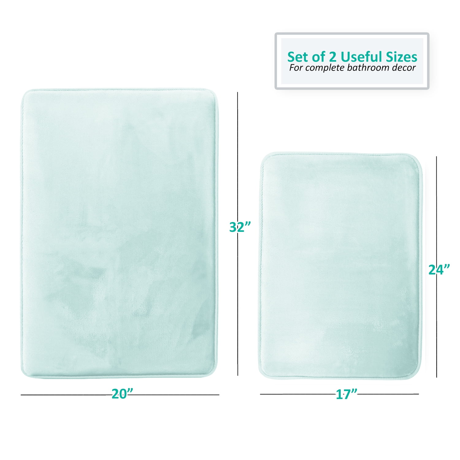 Nestl Set of 2 Absorbent Memory Foam Bath Mat Set Bathroom Rugs, Aqua, Large Size 20"x32" Small Size 17”x24”