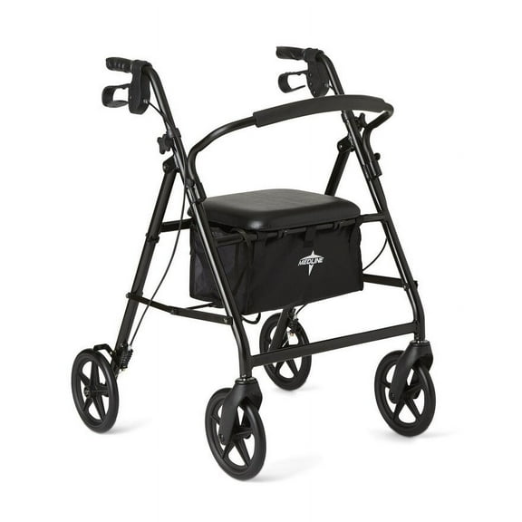 Medline Lightweight Aluminum Rollator Walker for Adult Mobility Impairment, Black, 300 lb. Weight Capacity, 8" Wheels