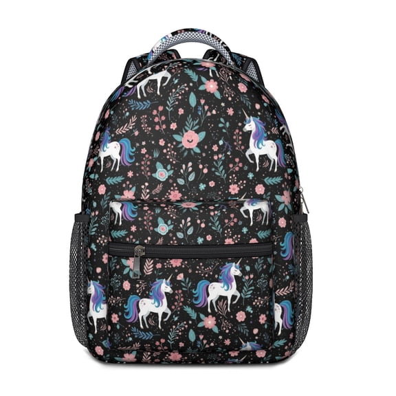Unicorn and Floral Black Pattern Backpack for School, Cute School Bag with Adjustable Shoulder Straps and Padded Back, 15.3"x11"x6.7"
