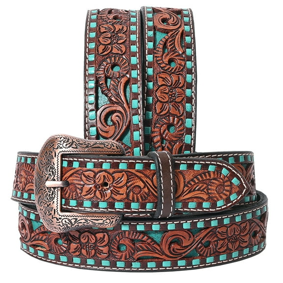 BE BAR H EQUINE Turquoise Buckstitch Floral Hand Carved Western Leather Men And Women Belt