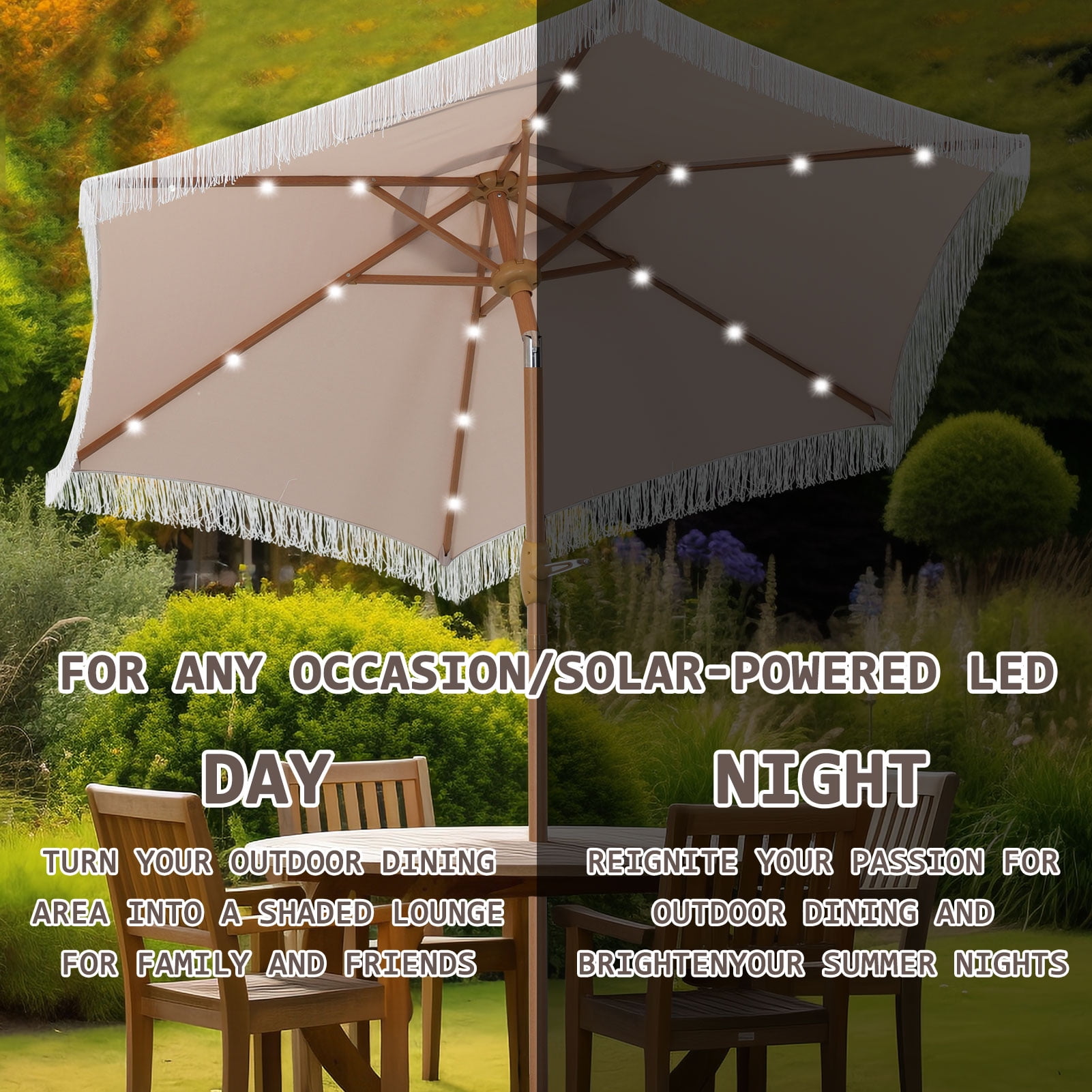 Autlaycil 7.5 ft Khaki Outdoor Solar LED Patio Umbrella with Tassels and Fringe