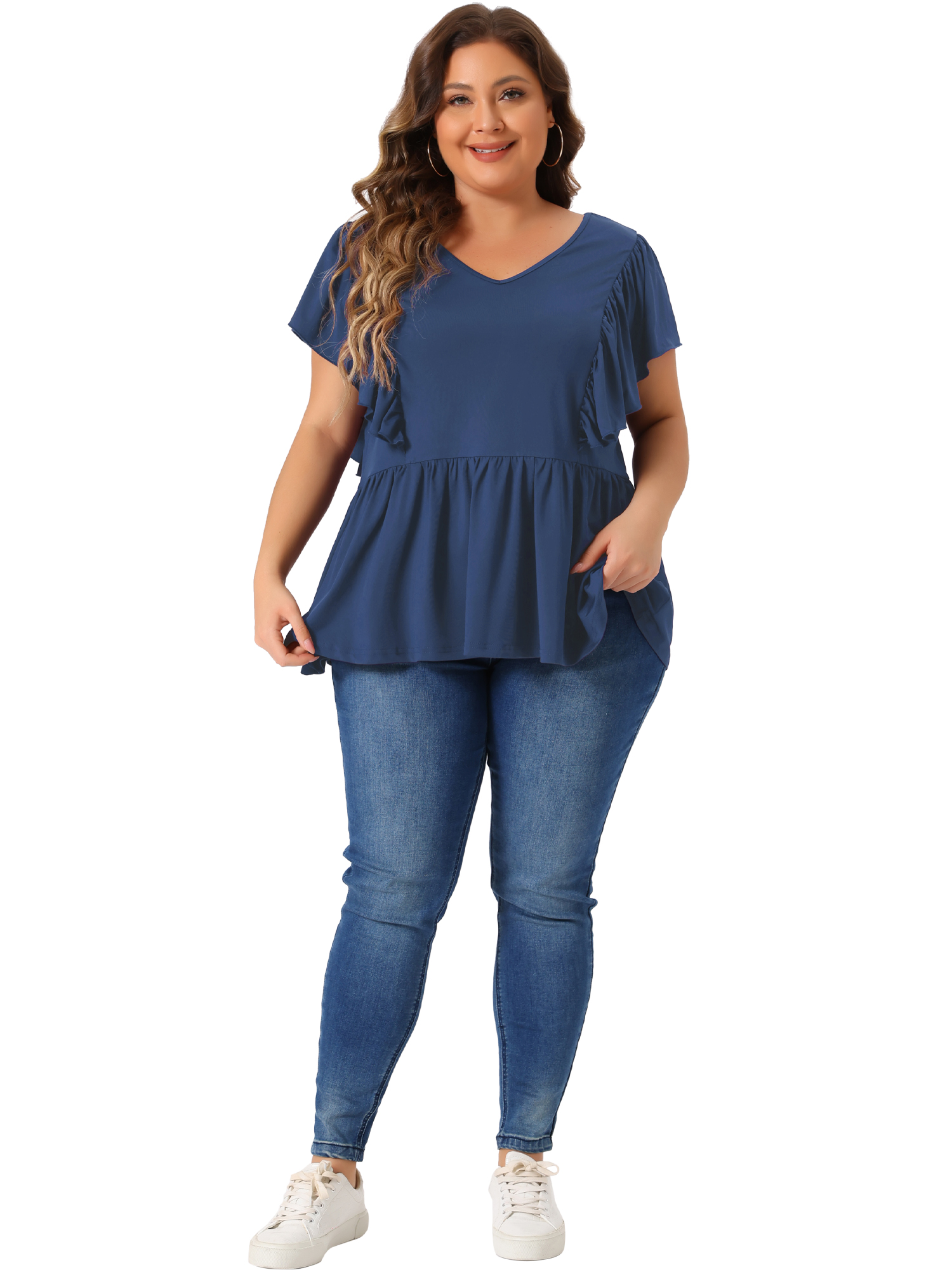 DARING DIVA Women's Plus V Neck Ruffle Sleeve Pleated Peplum Blouse 4X Navy Blue