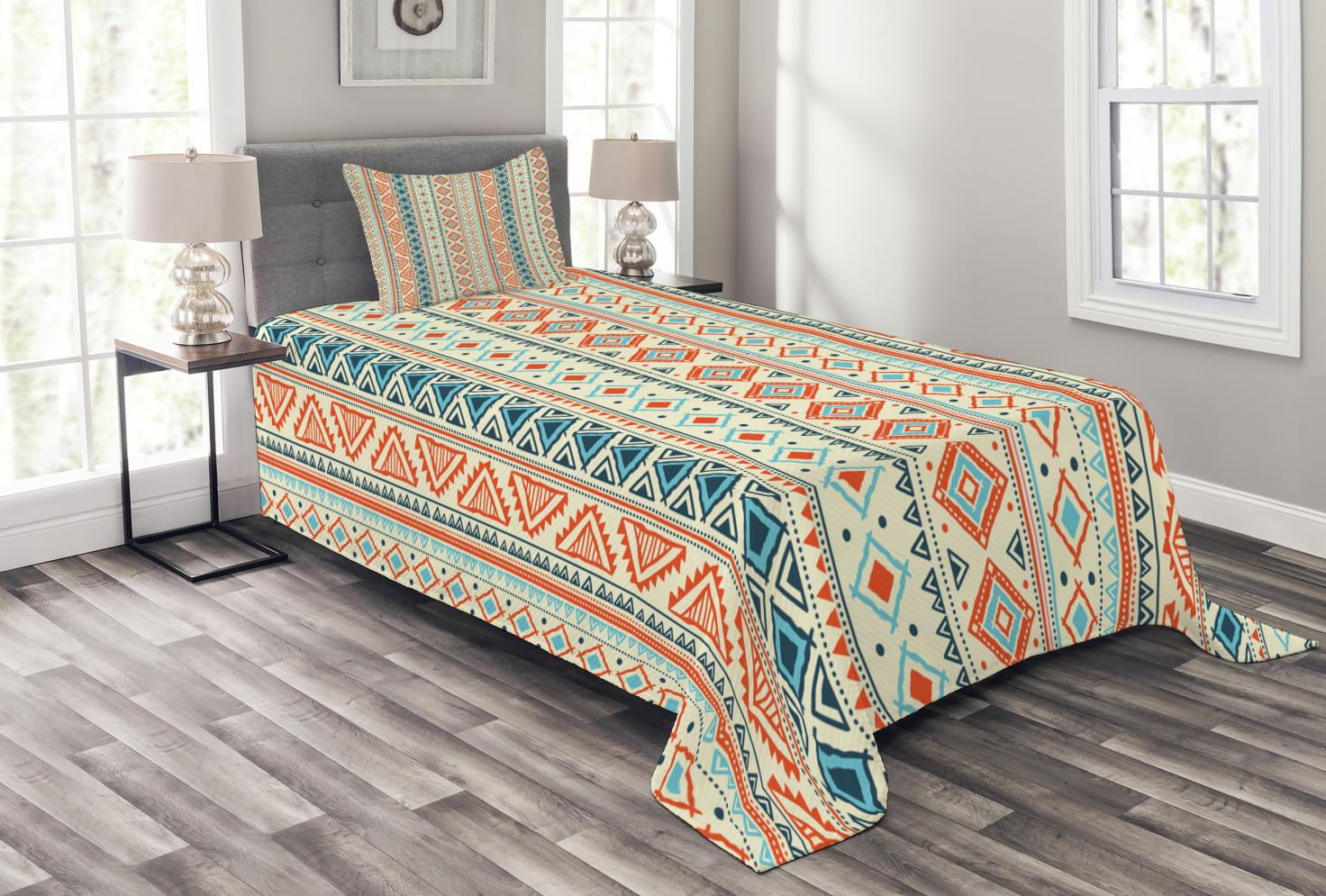 Tribal Bedspread Set, Mexican Style Aztec Patterned Retro Hand Drawn