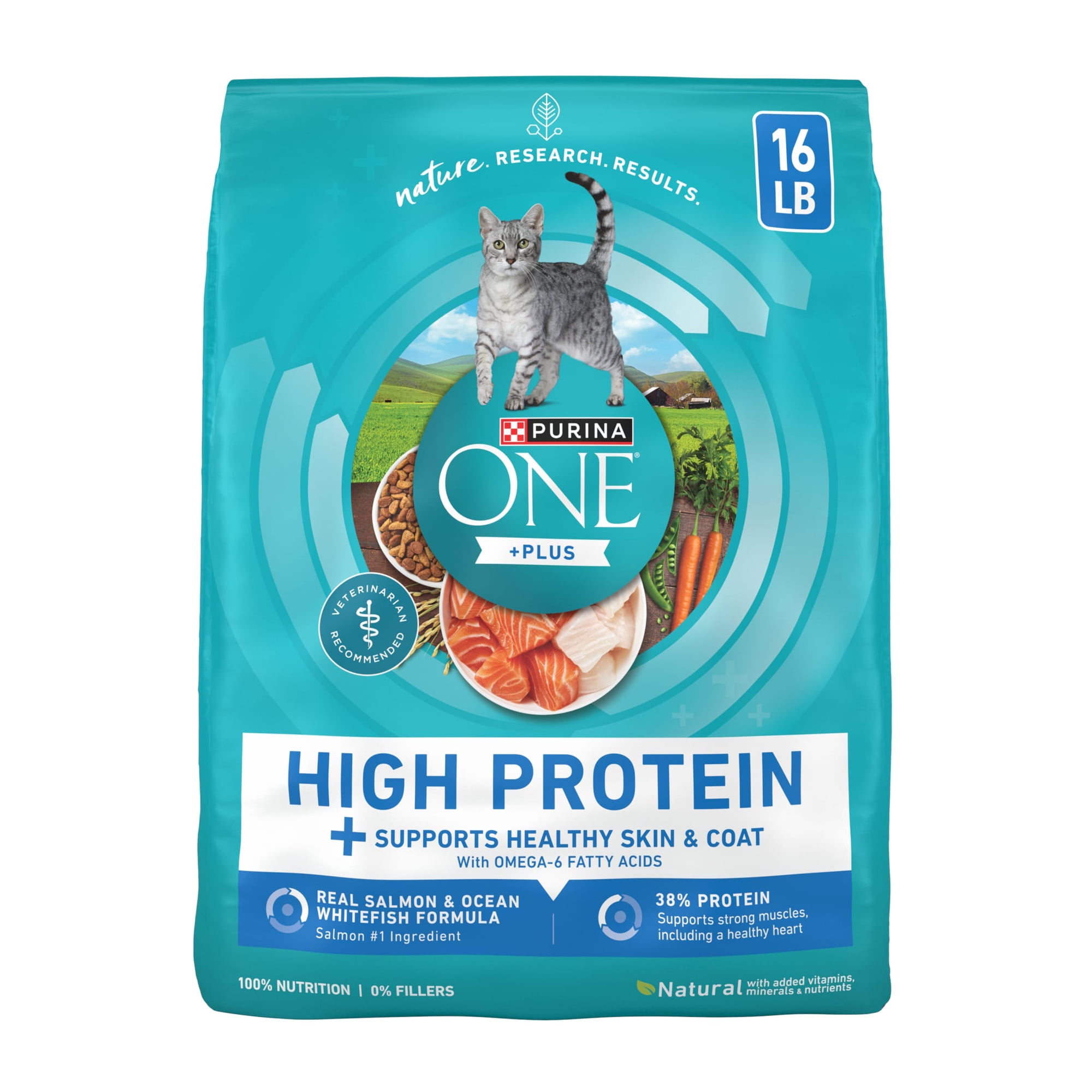 Purina ONE Plus Natural High Protein Dry Cat Food Salmon and Ocean Whitefish Skin and Coat Health Formula, 16 lb Bag