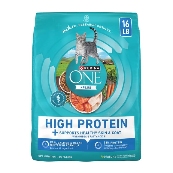 Purina ONE Plus Natural High Protein Dry Cat Food Salmon and Ocean Whitefish Skin and Coat Health Formula, 16 lb Bag