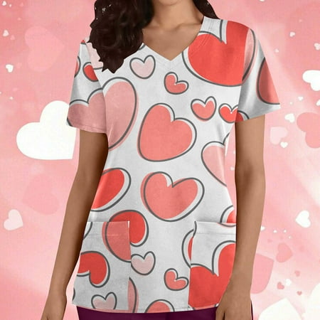 

Valentines Day Gifts for Her Ozmmyan Womens Tops Valentines Scrubs for Women Fashion Women Short Sleeve V-Neck Printing Blouse Causal Pullover Pocketss Tops End of Year Clearance