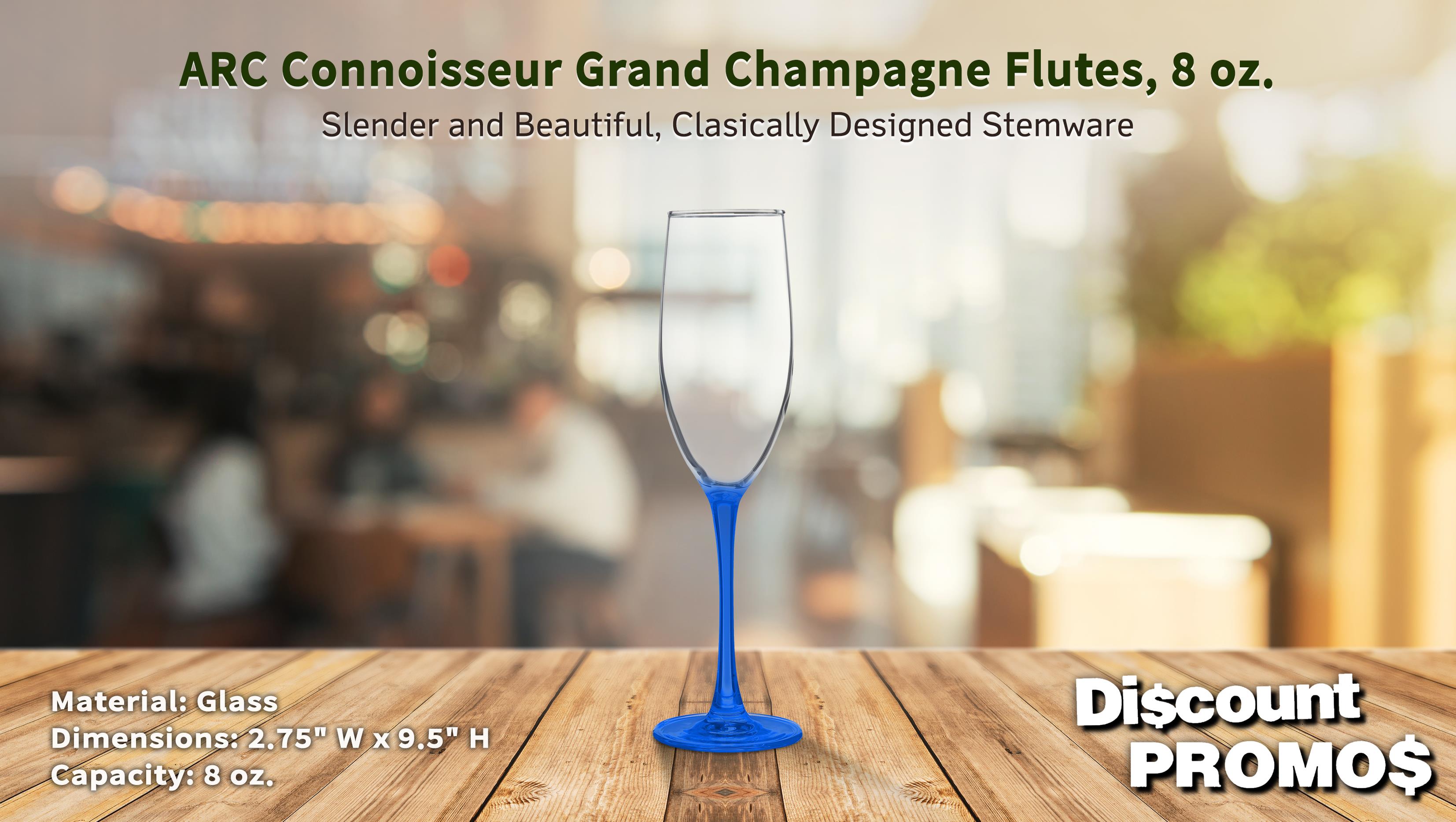 10 ARC Connoisseur Grand Champagne Flutes Set, 8 oz. - Durable, Sleek, Color Bottom, Barware - Blue