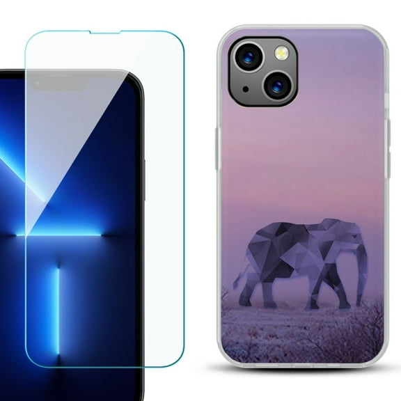 Slim-Fit Gel TPU Phone Case for iPhone 14, with Tempered Glass Screen Protector, by OneToughShield ® - Twilight Elephant