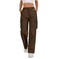 thumbnail image 2 of Pants for Women Women's Baggy Cargo Pants Ndbuld Fashion Pants Women Ladies Solid-color Stretch Belt Long Pants String Button Pockets Pants Trousers Coffee XL, 2 of 9