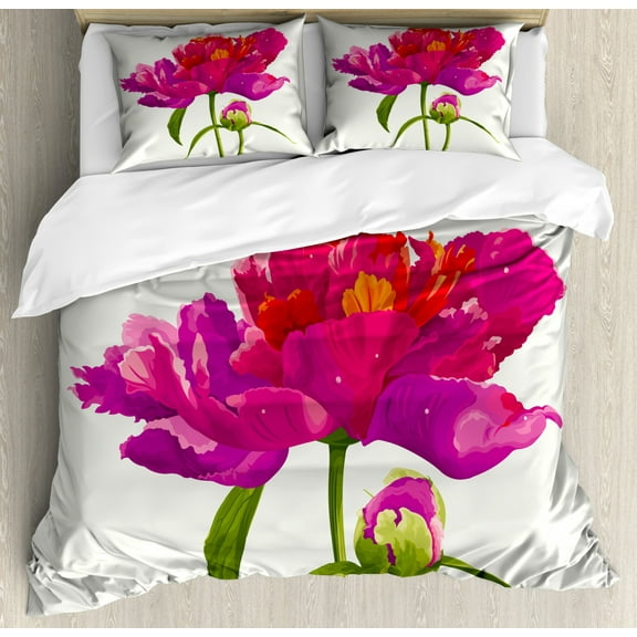 Peony Duvet Cover Set Queen Size, Warm Colored Flower Design with Vibrant Petals and Fresh Green Stem and Leaves Spring, Decorative 3 Piece Bedding Set with 2 Pillow Shams, Multicolor, by Ambesonne