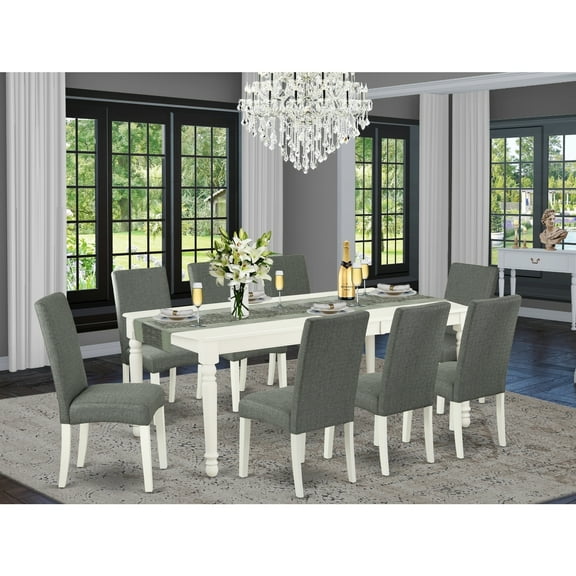 Rectangle Dining Table Set 9Pc - 60x78 Inch Table w/ Leaf & 8 Gray Linen Chairs