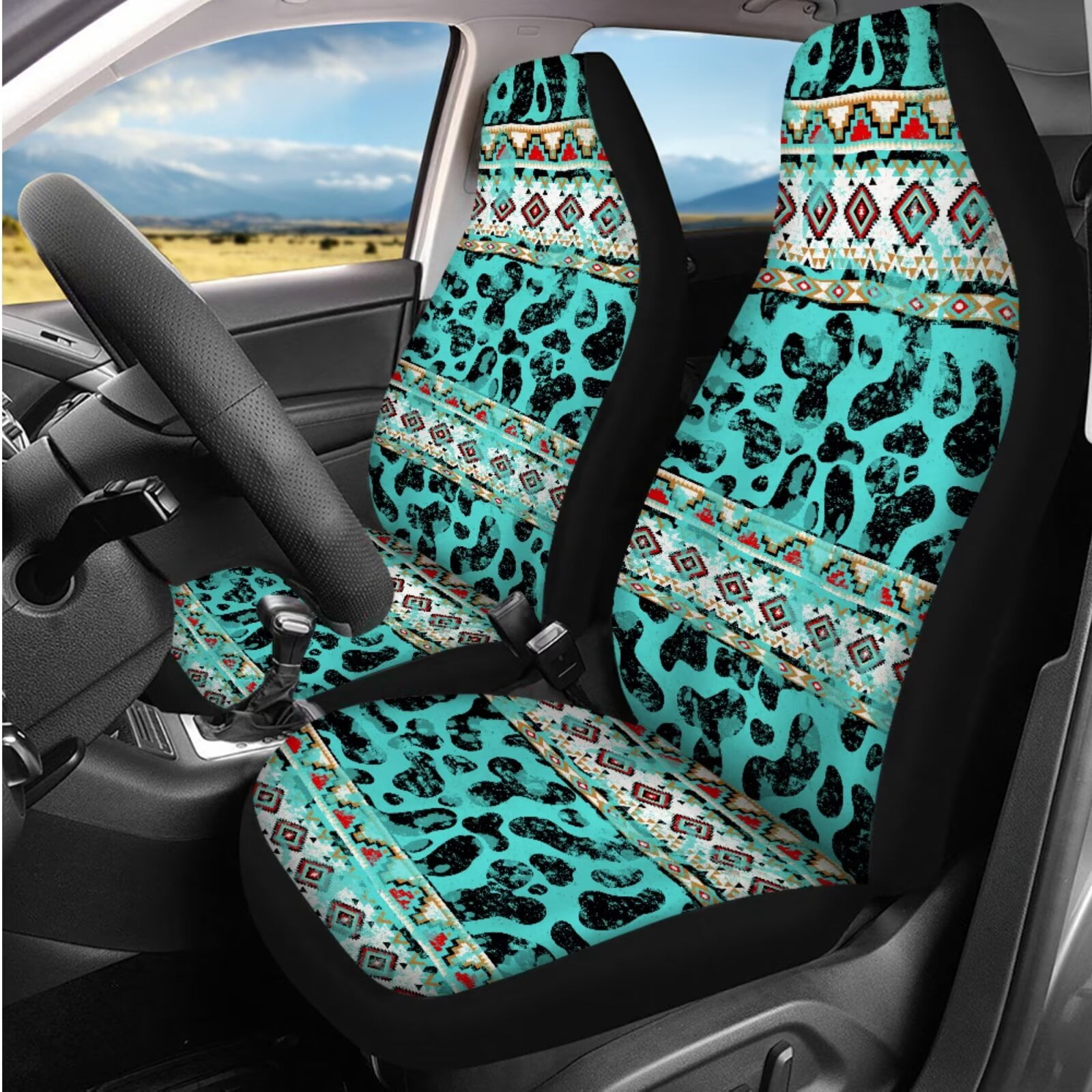 Garronmavis Aztec Cow Print 14 Pack Car Seat Covers Set with Car Head Rest Cover Steering Wheel Protector Armrest Cover Car Seat Belt Covers Keychain and Coaster Universal Fit for Most Cars SUV