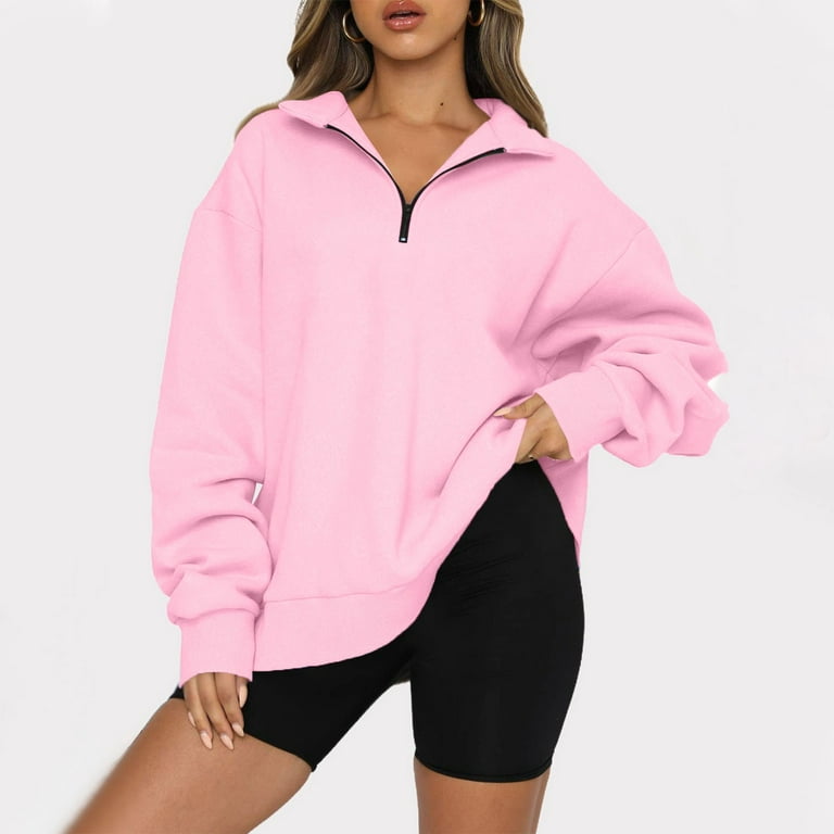 YDKZYMD Womens Zip Up Sweatshirt Plus Size No Hood V Neck 1/4 Zip Women's  Long Sleeve Pullover Plain Solid Color Sweater Quarter Half Zip Up Winter  Shirts for Women Pink M 