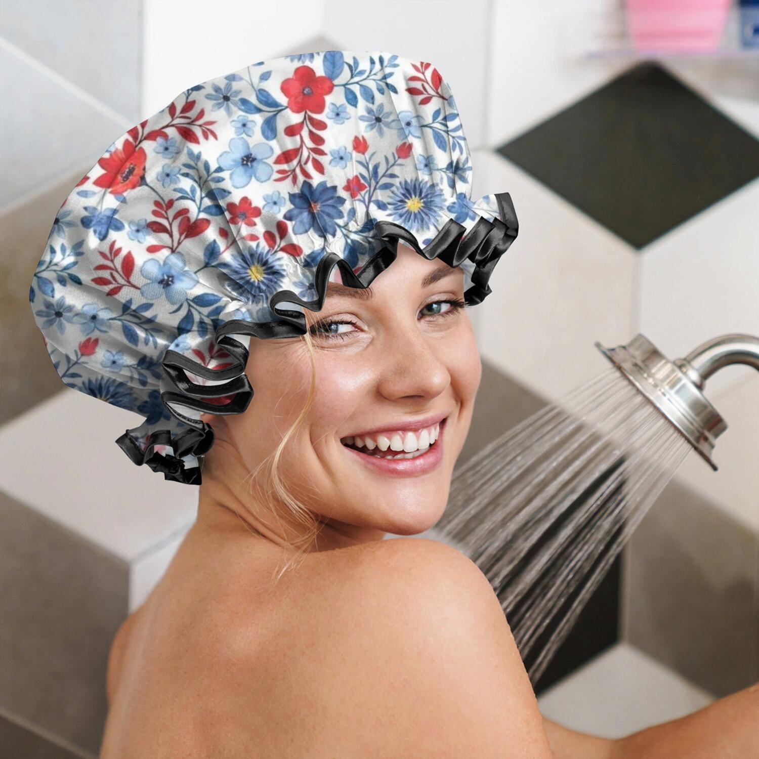 Shower Caps,Pioneer Flower Floral Print Pattern Waterproof Shower Cap for Women 4 Pieces,Double Reusable Hair Cover for Shower PEVA Elastic Stretch Hem
