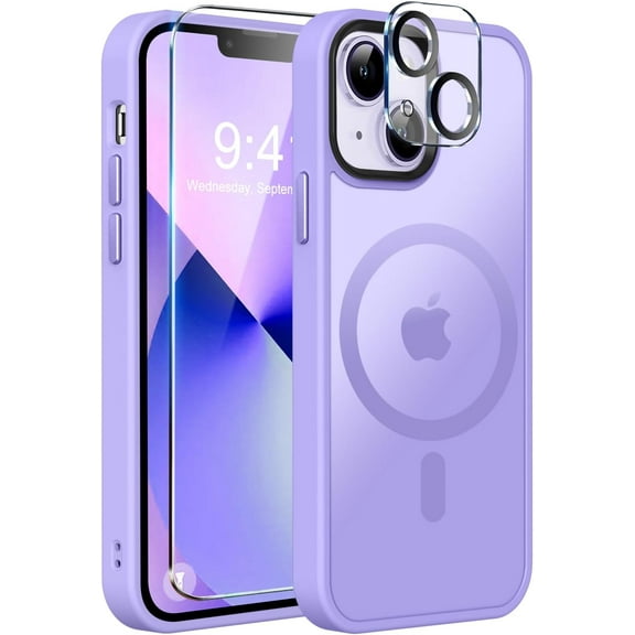 Strong Magnetic for iPhone 13 Case, [Compatible with Magsafe][Screen Protector Camera Lens Protector] Translucent Matte Back Slim Shockproof Case for iPhone 13 Phone Case 6.1", Light Purple