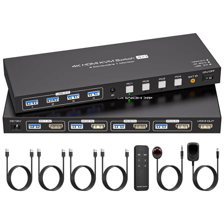 AUBEAMTO HDMI KVM Switch 4 Computers 1 Monitor 4K@60HZ 4 Port KVM Switches for 4 PC Share Single Monitor and 4 USB 3.0 Devices, Such as Keyboard Mouse Printer, with Controller, Plug and Play