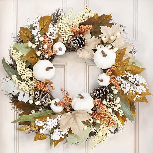 Guirnaldas de Acción de Gracias de algodón con hojas de arce y frutas, corona de hojas de arce blancas, decoración de calabaza, colgante de pared, decoración de puerta, anillo para colgar en la pared