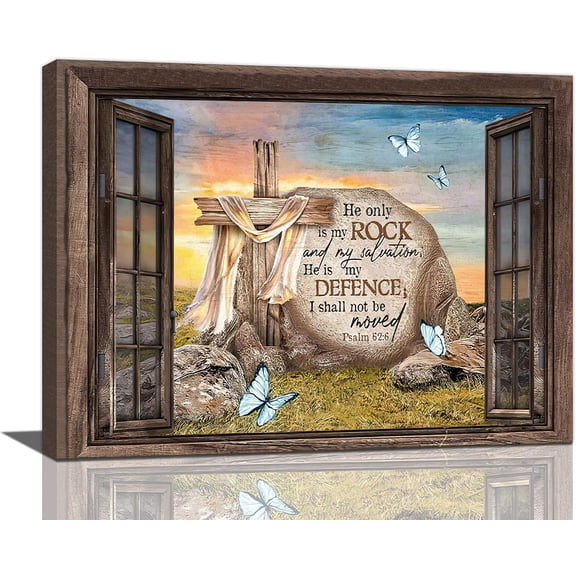 Christian Wall Art Religious Window Rock Butterfly Pictures Wall Decor Scripture Canvas Painting Print Artwork Modern Home Decor Framed For Living room Bedroom Bathroom12inX16in
