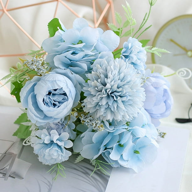 Ramo de rosas artificiales de seda | Flores de imitación de dalia, hortensia y rosa nocturna | Decoración de 31 cm para el hogar, bodas, fiestas y jardín | Arreglo floral artificial con follaje