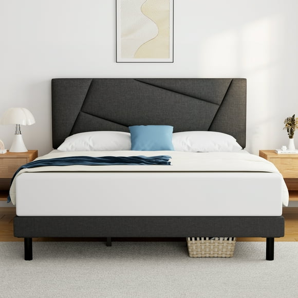 King Bed Frame,Telino King Size Platform Bed With Fabric Upholstered Headboard, Gray