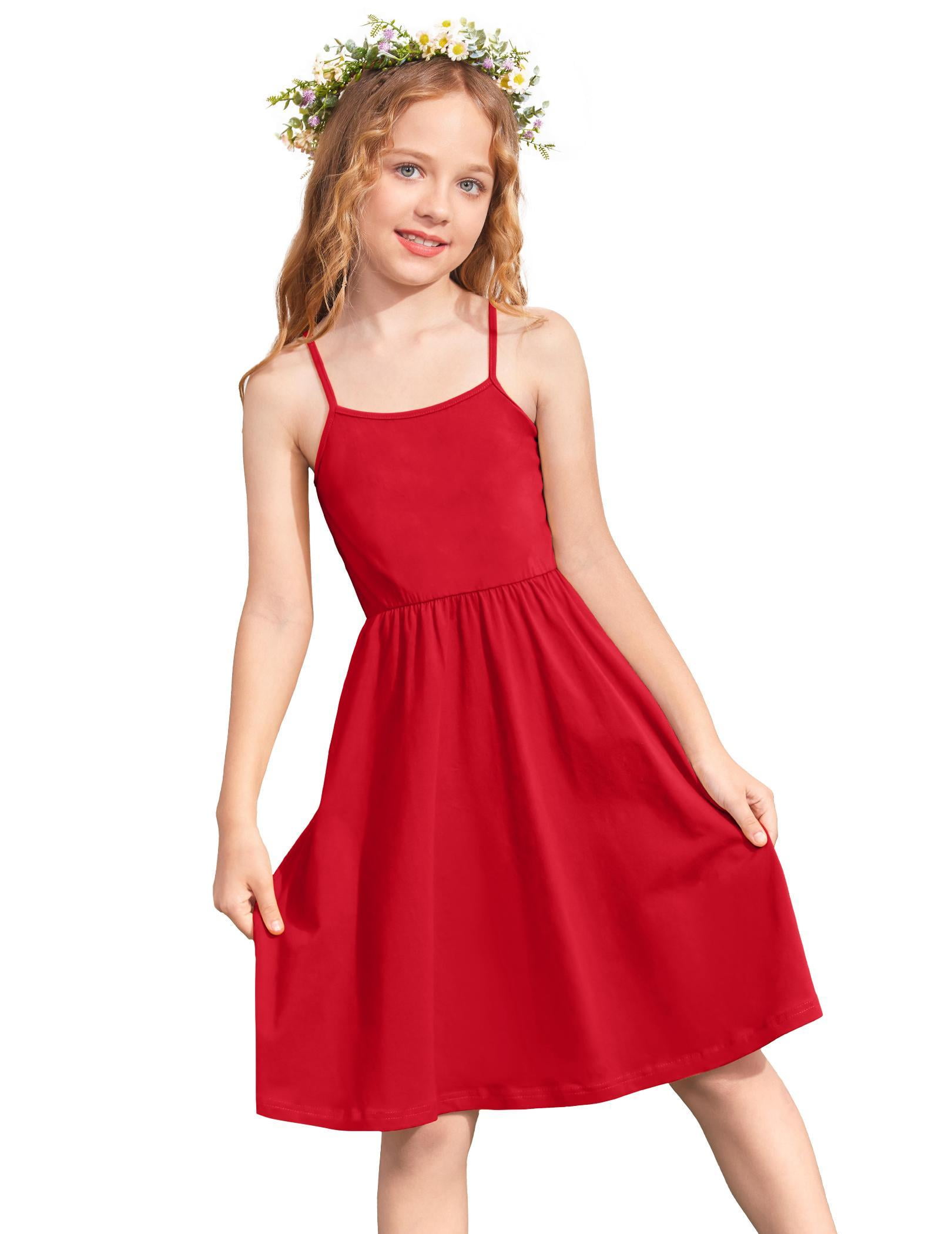 Arshiner Girl Spaghetti Strap Dress Summer Solid Sleeveless Sundress