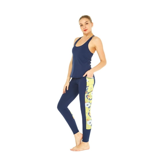 Women's Athletic Sportswear Solid Tank Top and Side Floral Legging Set in Garden Poppy Yellow X-Large