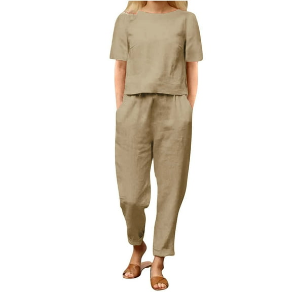 Vacation Outfits for Women 2 Piece Sets Summer Round Long Sleeve T-Shirts Elastic Waist Long Pants Sets Casual Solid Color Two Piece Outfits,Ot-5,Beige,XL