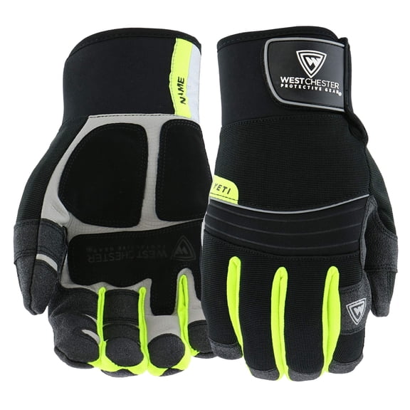 West Chester Pro Series 96652 Yeti Waterproof Winter Work Gloves - [1 Pair] Large, Synthetic Leather Palm, Spandex Backing, HI-VIS Safety Gloves, Black/ Neon Yellow